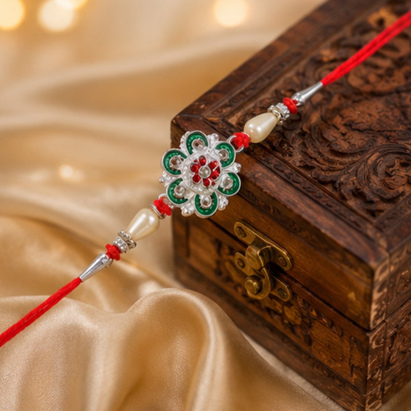 Beautiful floral meenakari rakhi with pearls on a festive background