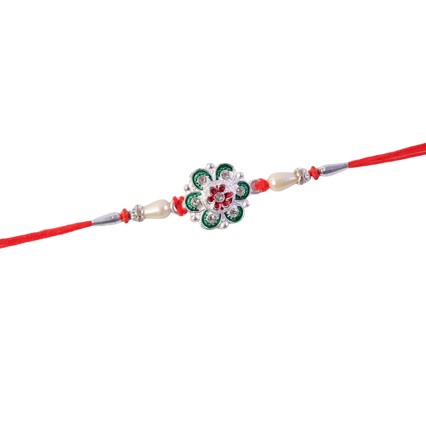 Designer silver green pearl rakhi for brother, suitable for all ages