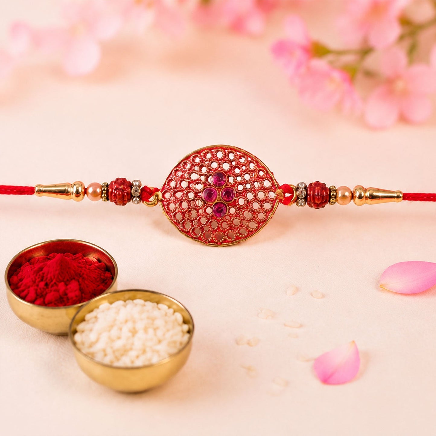 Meenakari Rakhi with Kundan beads on a festive background.