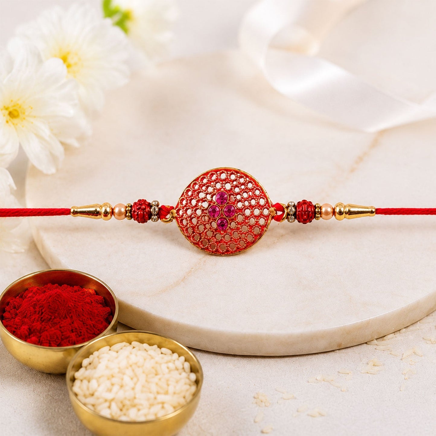 Detailed shot of the red and gold Kundan Rakhi, emphasizing its craftsmanship.