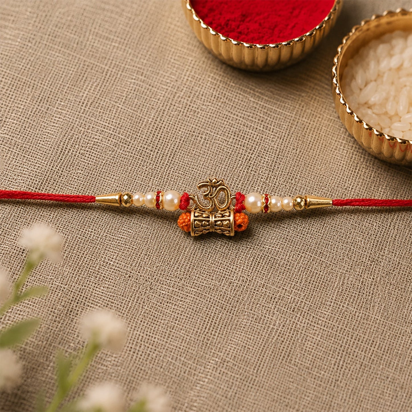 Traditional Rakhi featuring a golden Om symbol, Rudraksha beads, and pearls.