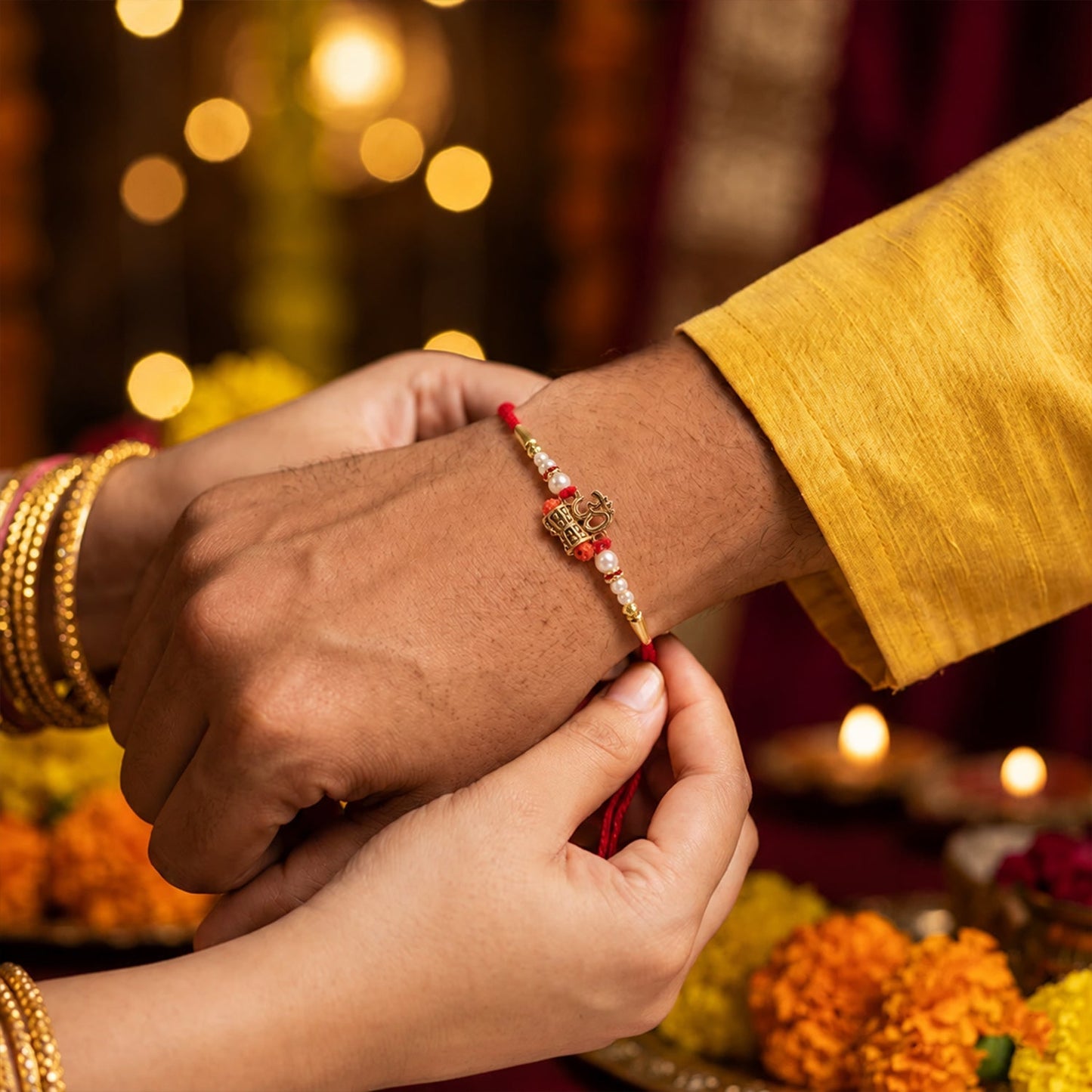 Hand holding Om Rudraksha Rakhi showcasing its size and elegant design.