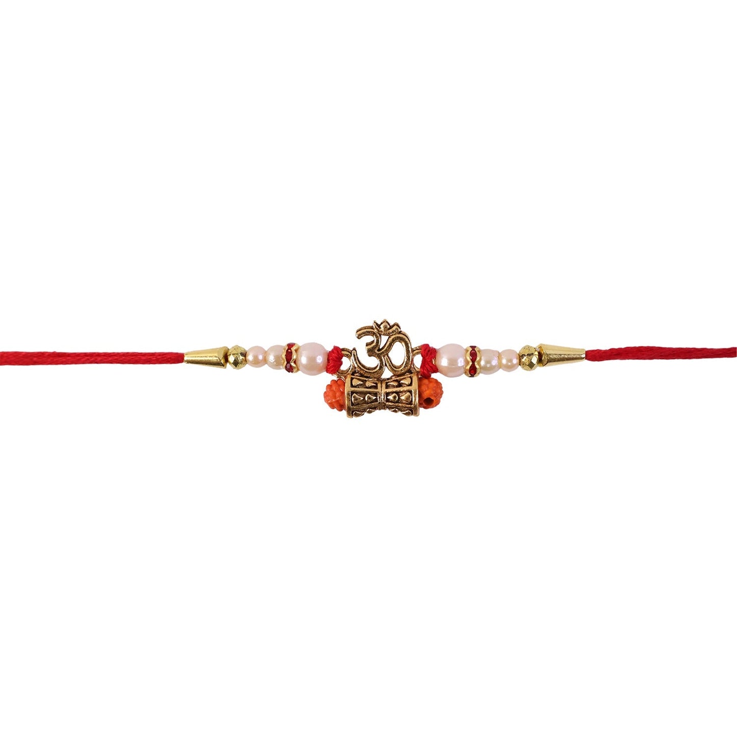 Close-up of a beautiful Om Rudraksha Rakhi with pearls for gift-giving.