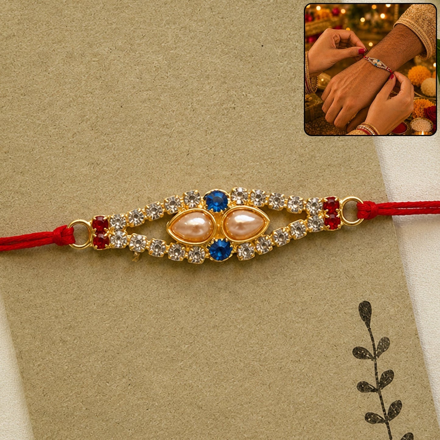Elegant Rakhi for brother featuring royal pearl and AD stone details on a blue and red thread.