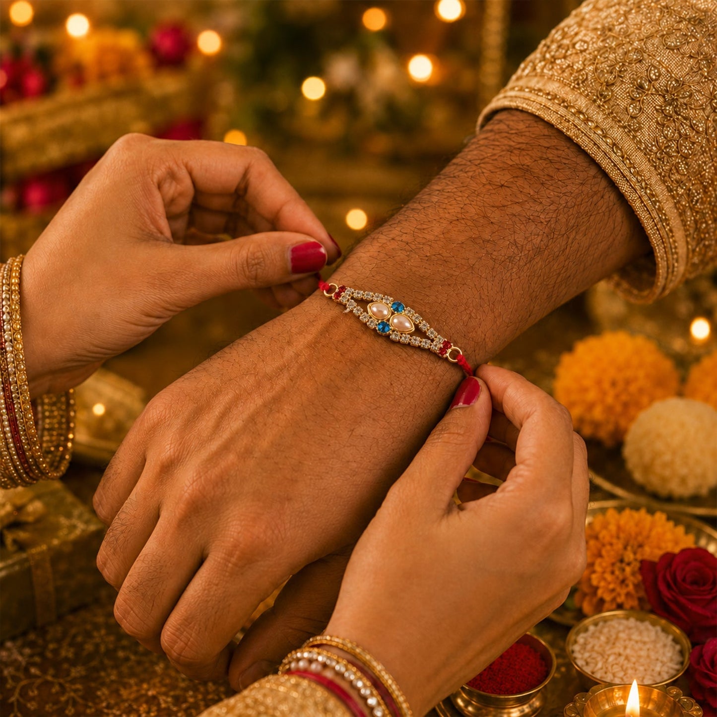 Close-up of intricate AD stone and pearl work on the designer Rakhi.