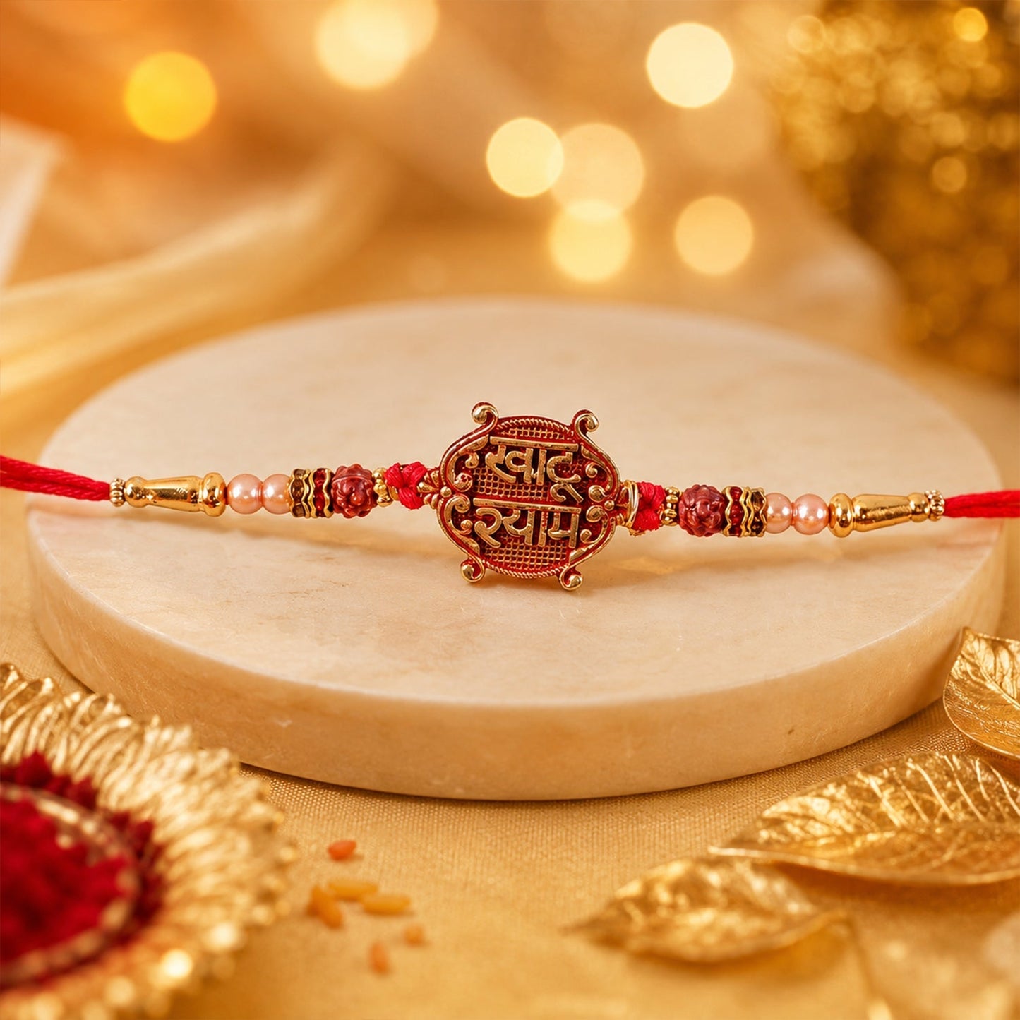 Close-up of Khatu Shyam Meenakari Rakhi with Rudraksha beads, highlighting detailed design.