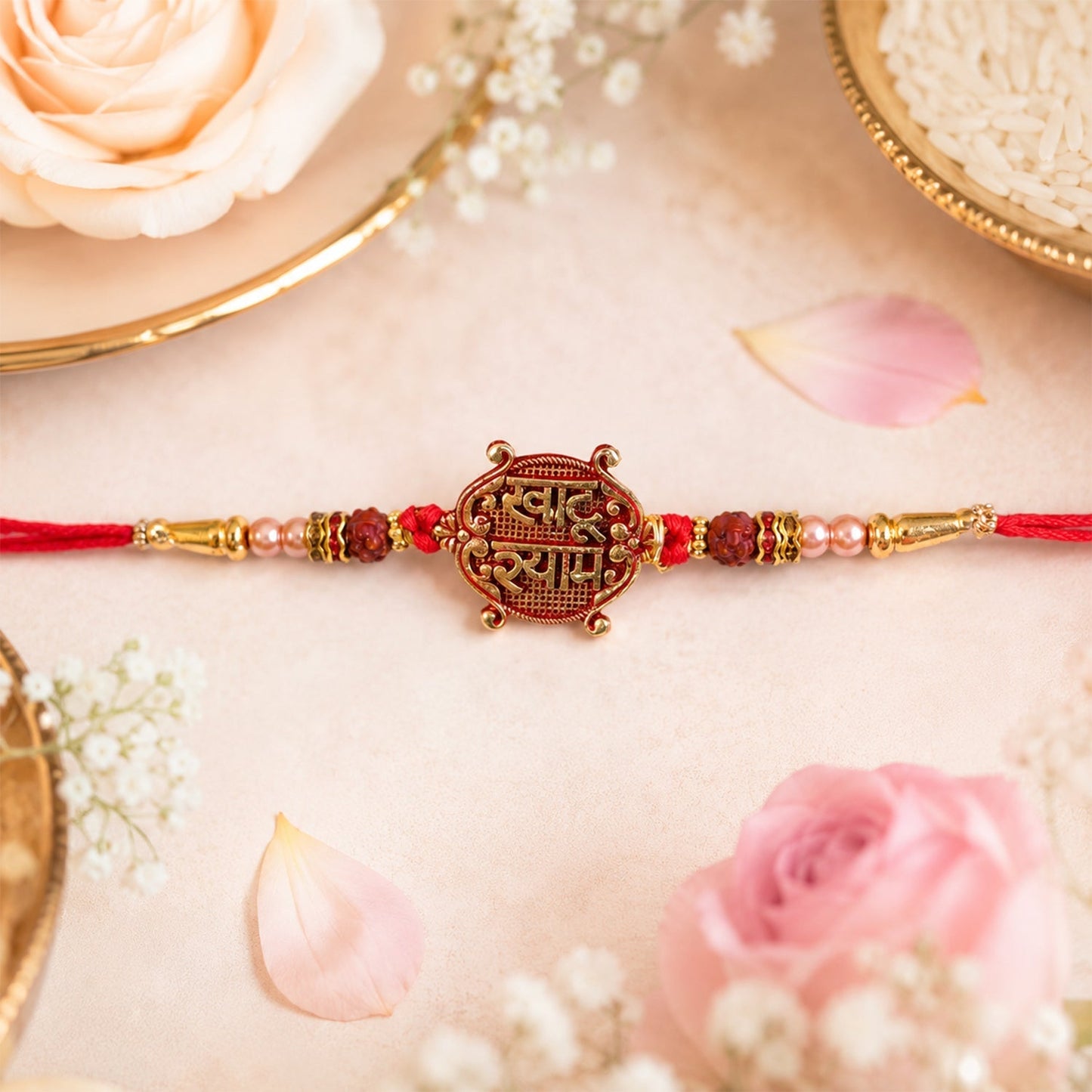 Rudraksha beads and Maroon Meenakari work on Raksha Bandhan Rakhi.