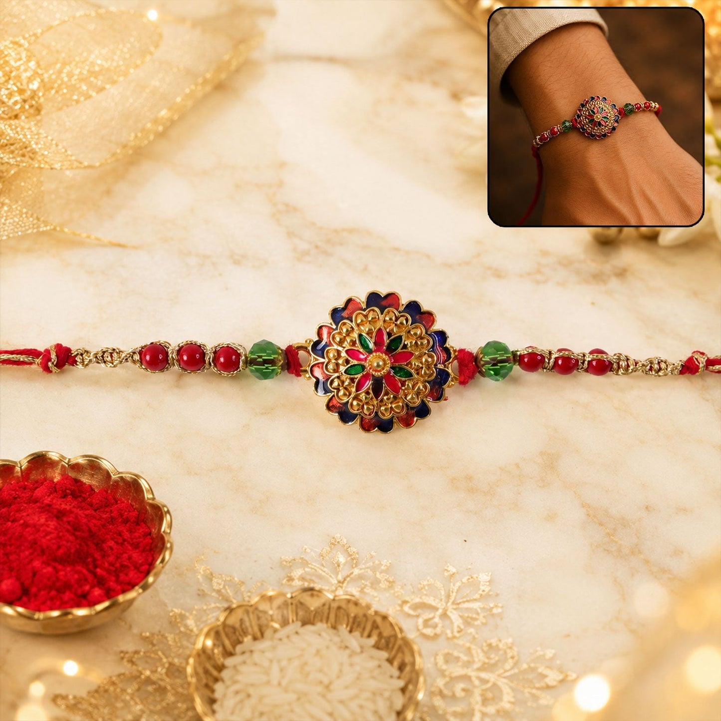 A brother proudly wearing the elegant Meenakari Rakhi on his wrist during Raksha Bandhan.