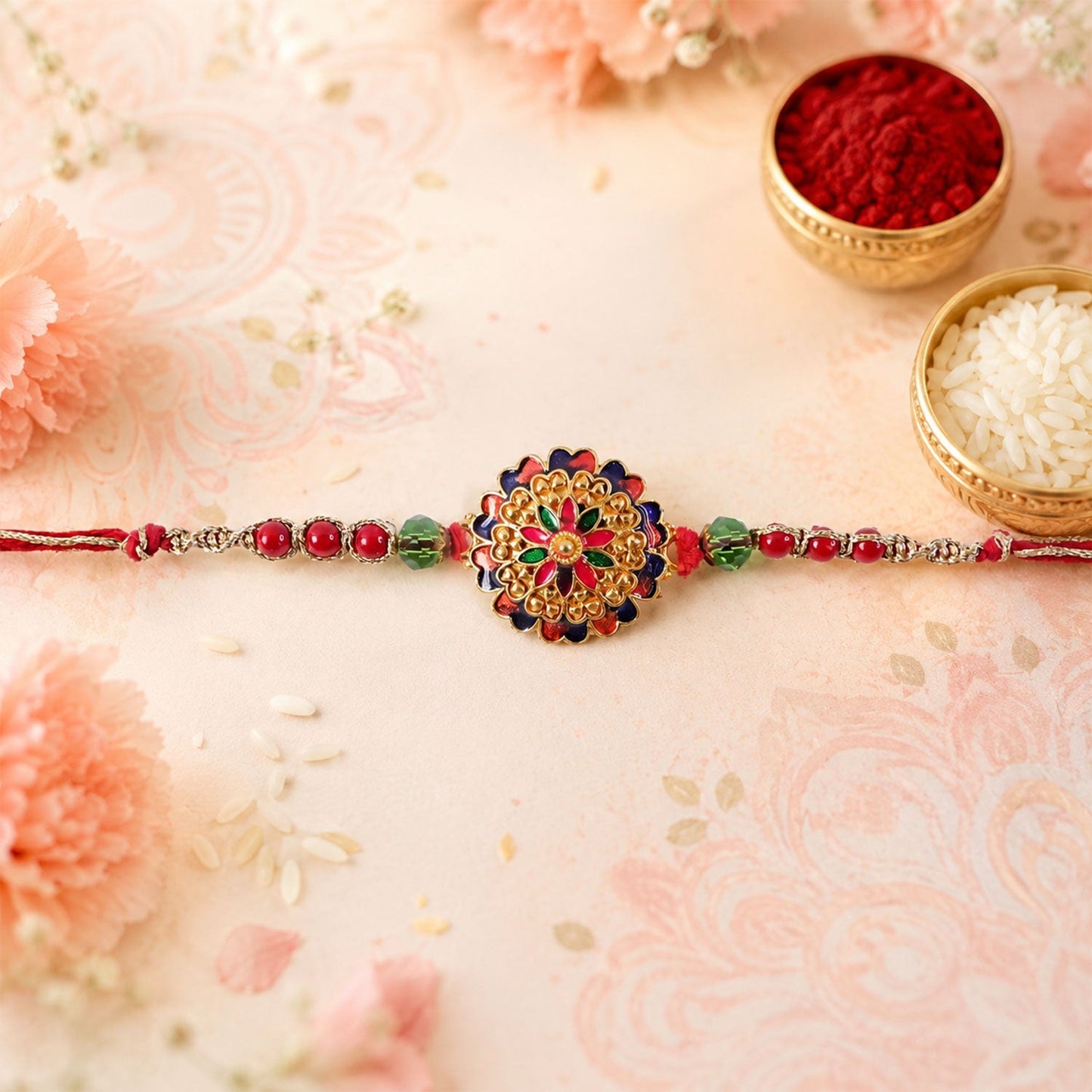Vibrant multicolour Meenakari Rakhi with floral design and crystal beads, perfect for Raksha Bandhan.