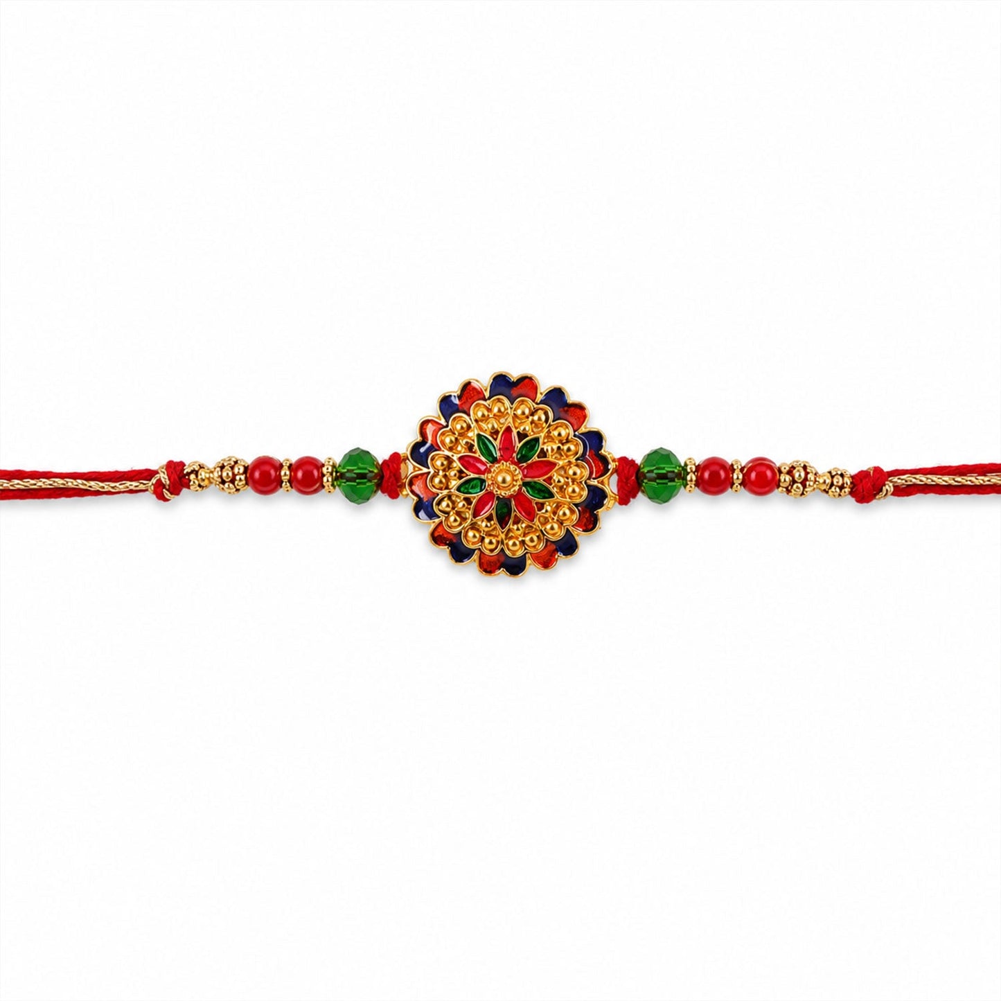 Close-up of the round Meenakari Rakhi with sparkling crystal accents and comfortable thread.