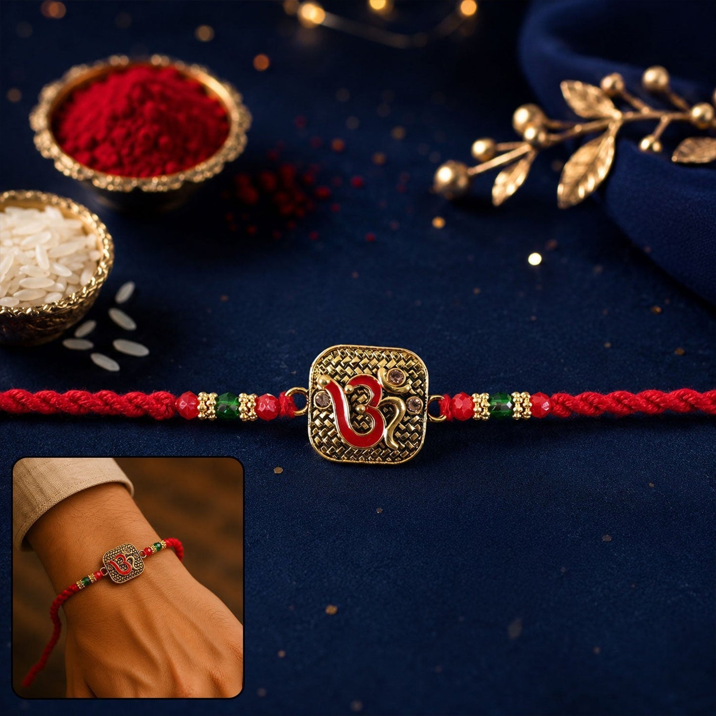Beautiful antique red Om square pendant on a braided thread rakhi for Rakshabandhan