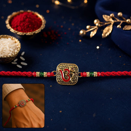 Beautiful antique red Om square pendant on a braided thread rakhi for Rakshabandhan