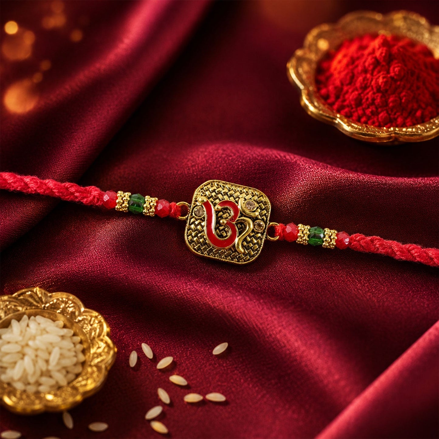 Elegant traditional rakhi with intricate detailing and bead accents