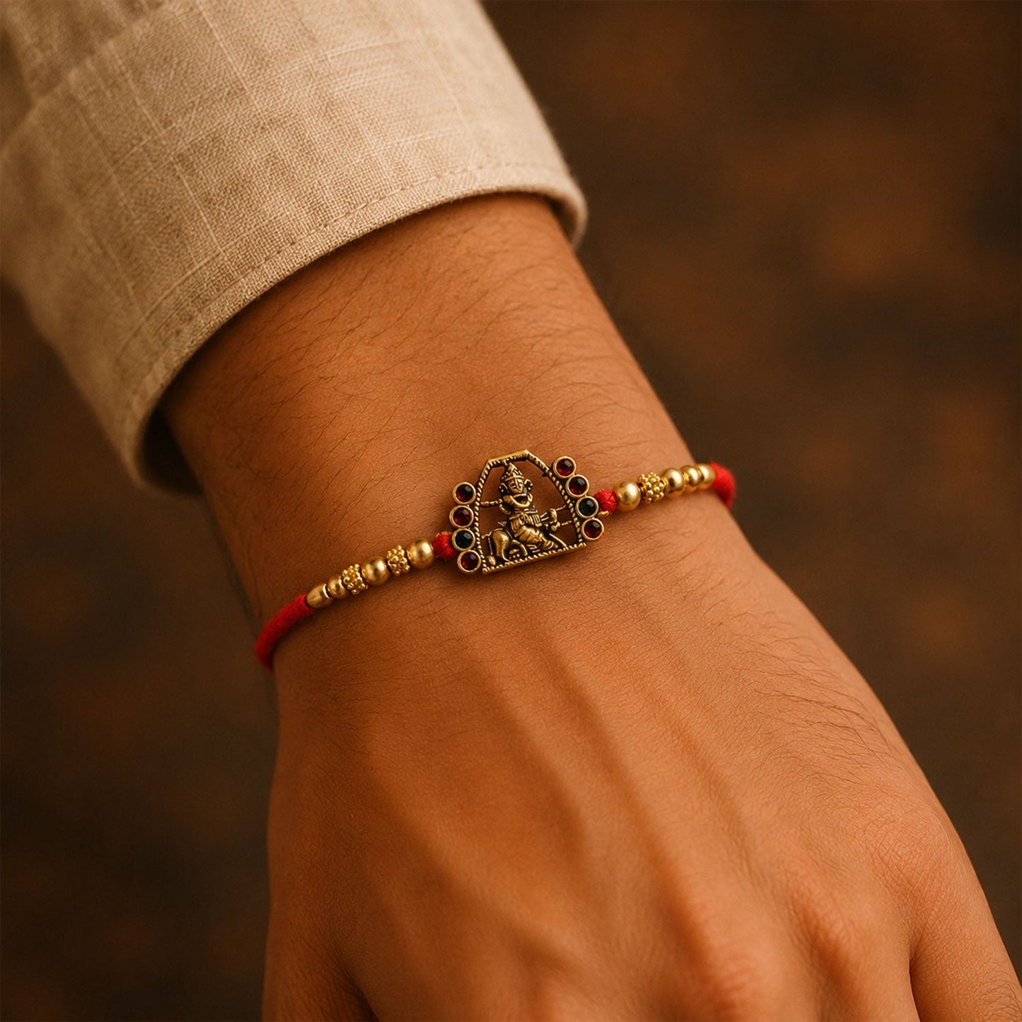 Side view of the colorful Bal Gopal Krishna Rakhi with embellishments.