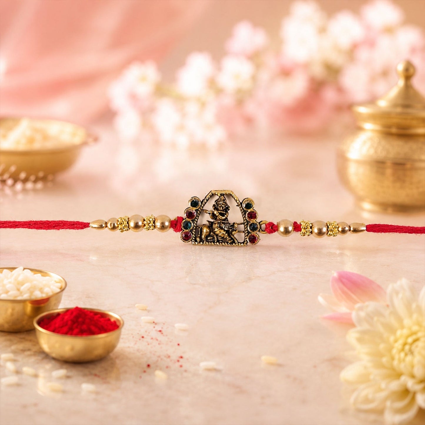 Bal Gopal Krishna Rakhi with pearls and stones on a traditional background.