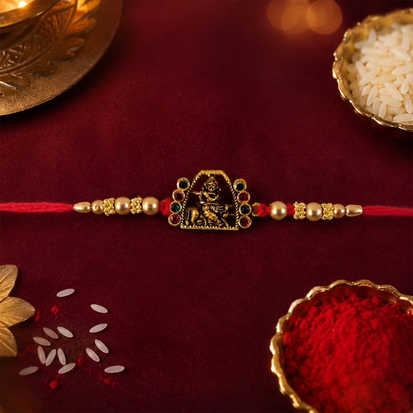 Overhead shot highlighting the intricate design of the Bal Gopal Krishna Rakhi.