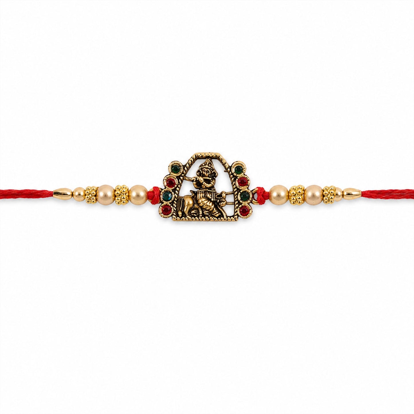 Vibrant Bal Gopal Krishna Rakhi with thread and embellishments on a festive setting.