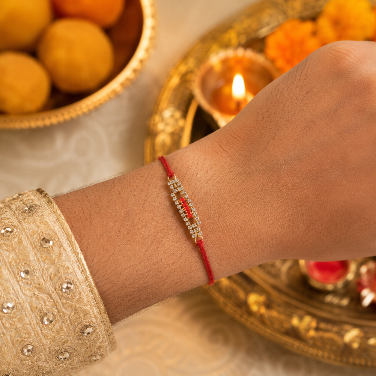 Side view of American Diamond Rakhi showcasing intricate studded bar design.