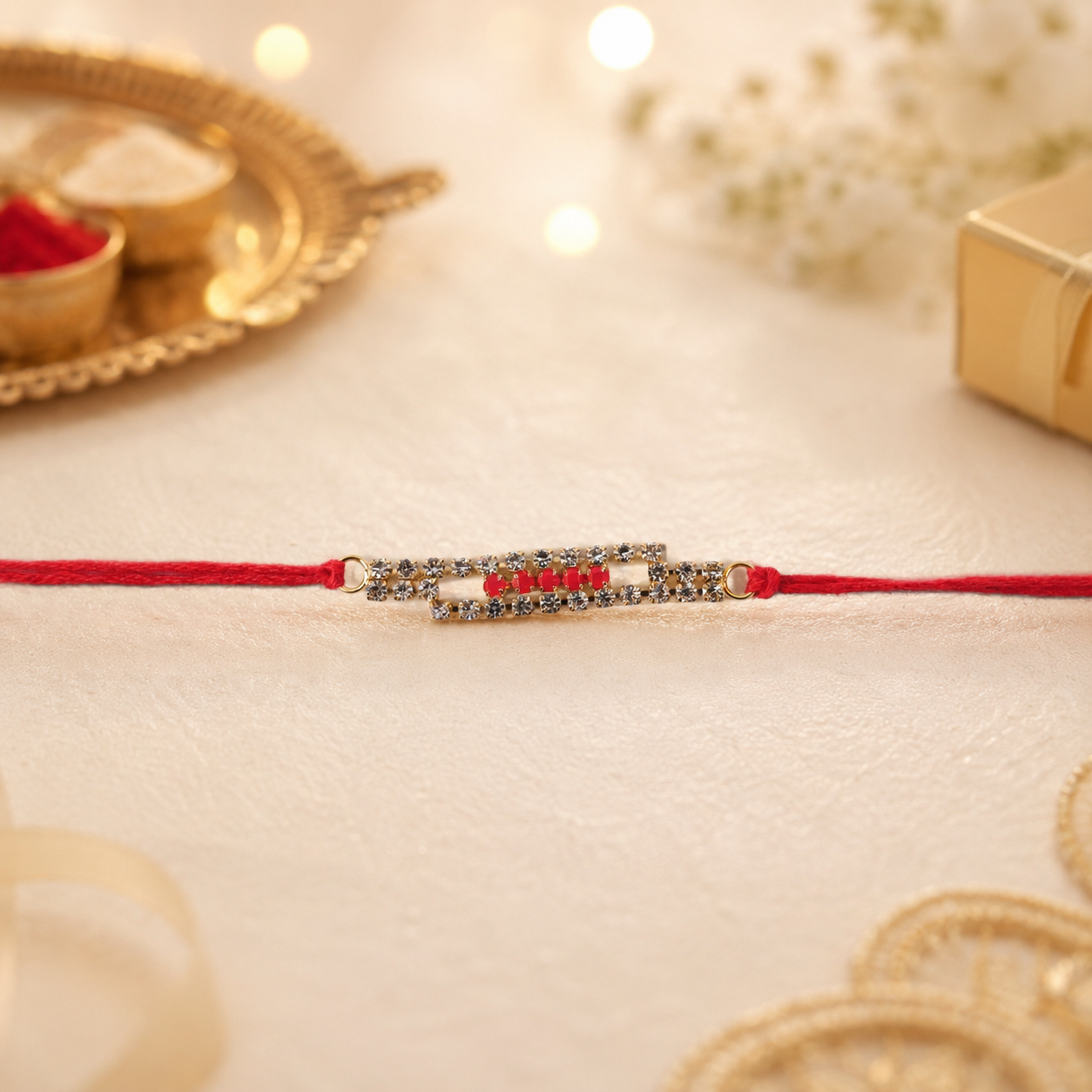 Close-up of sparkling American Diamonds on the Rakhi's bar.