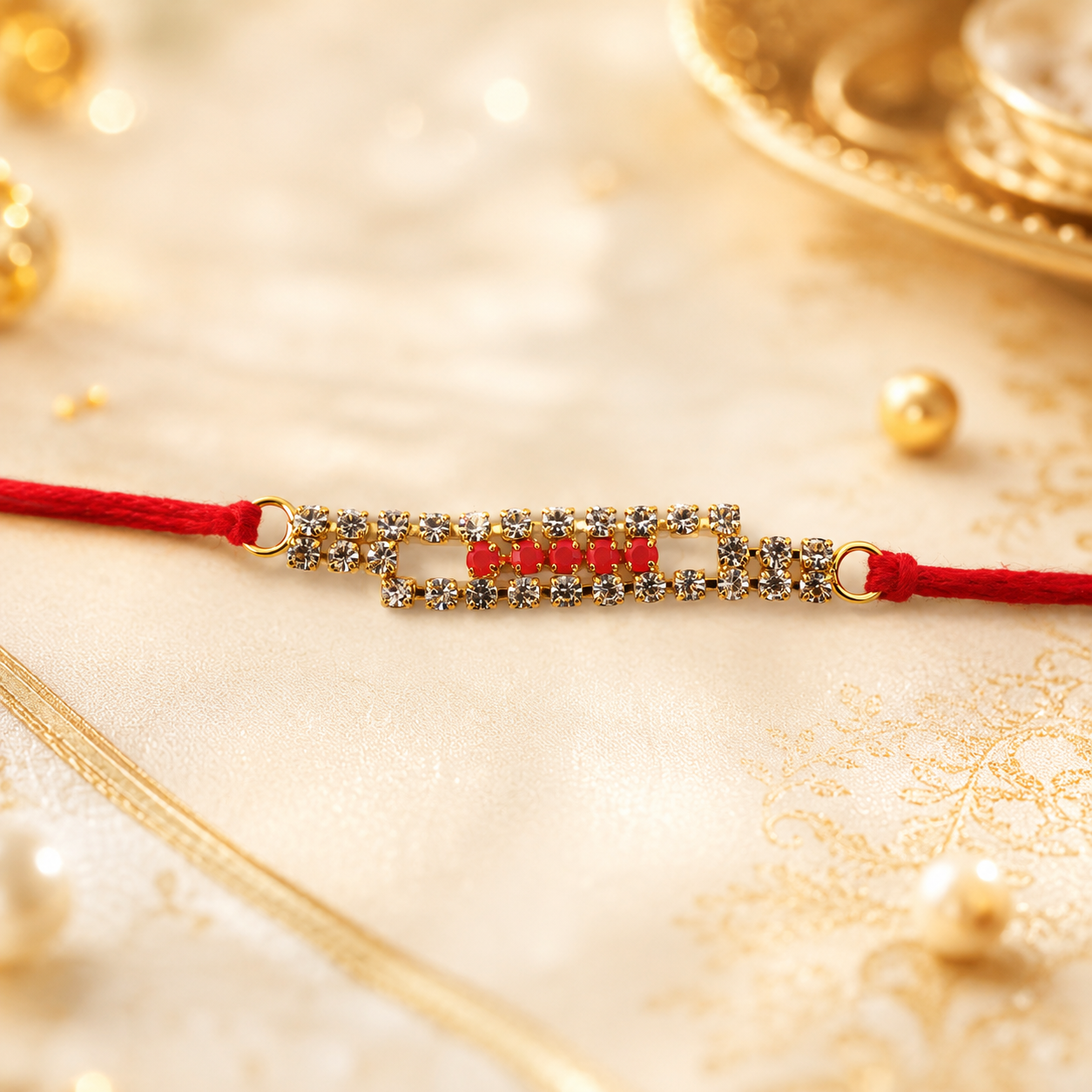 Wrist shot of the American Diamond Rakhi, highlighting its stylish design.