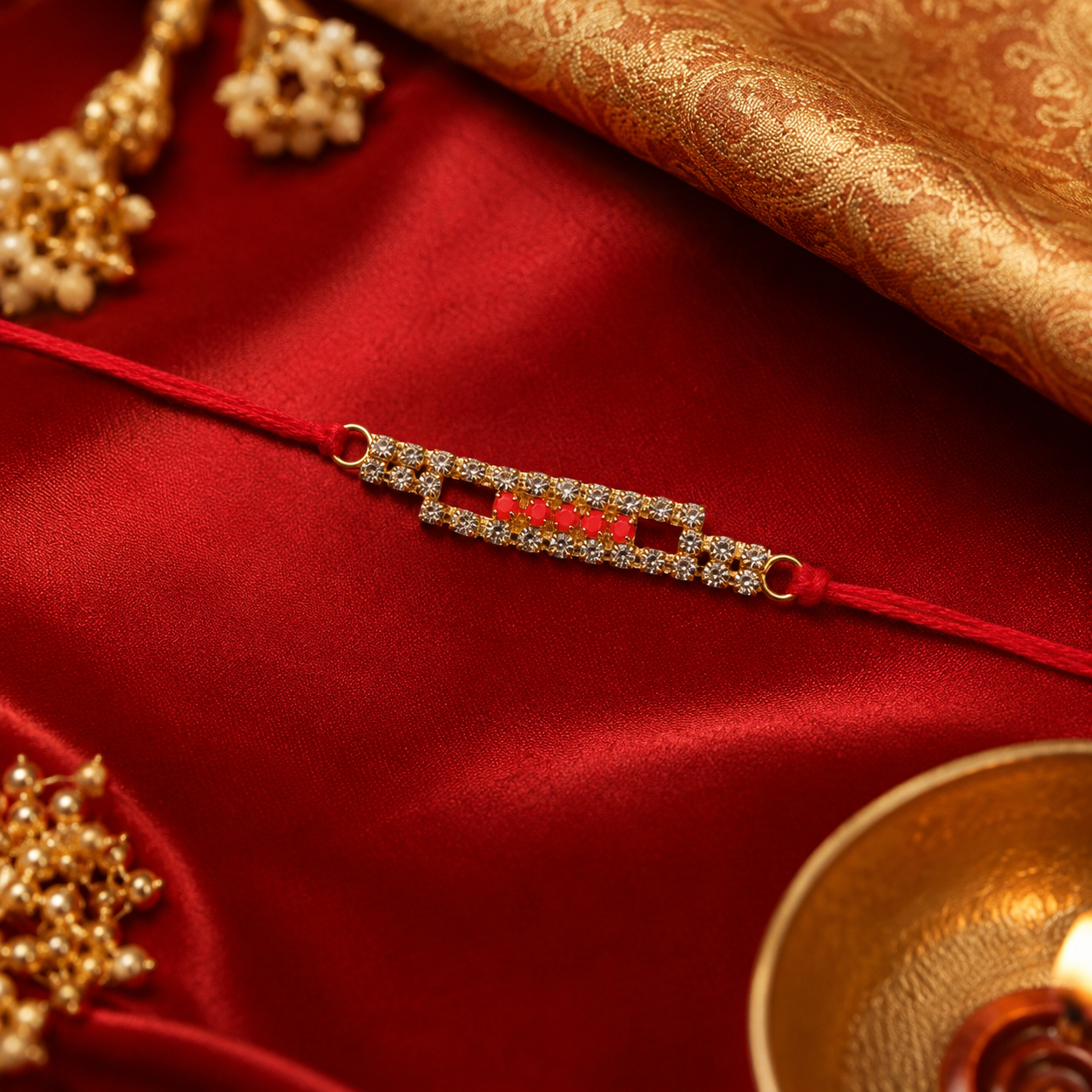 Overhead view of the vibrant red thread American Diamond Rakhi.