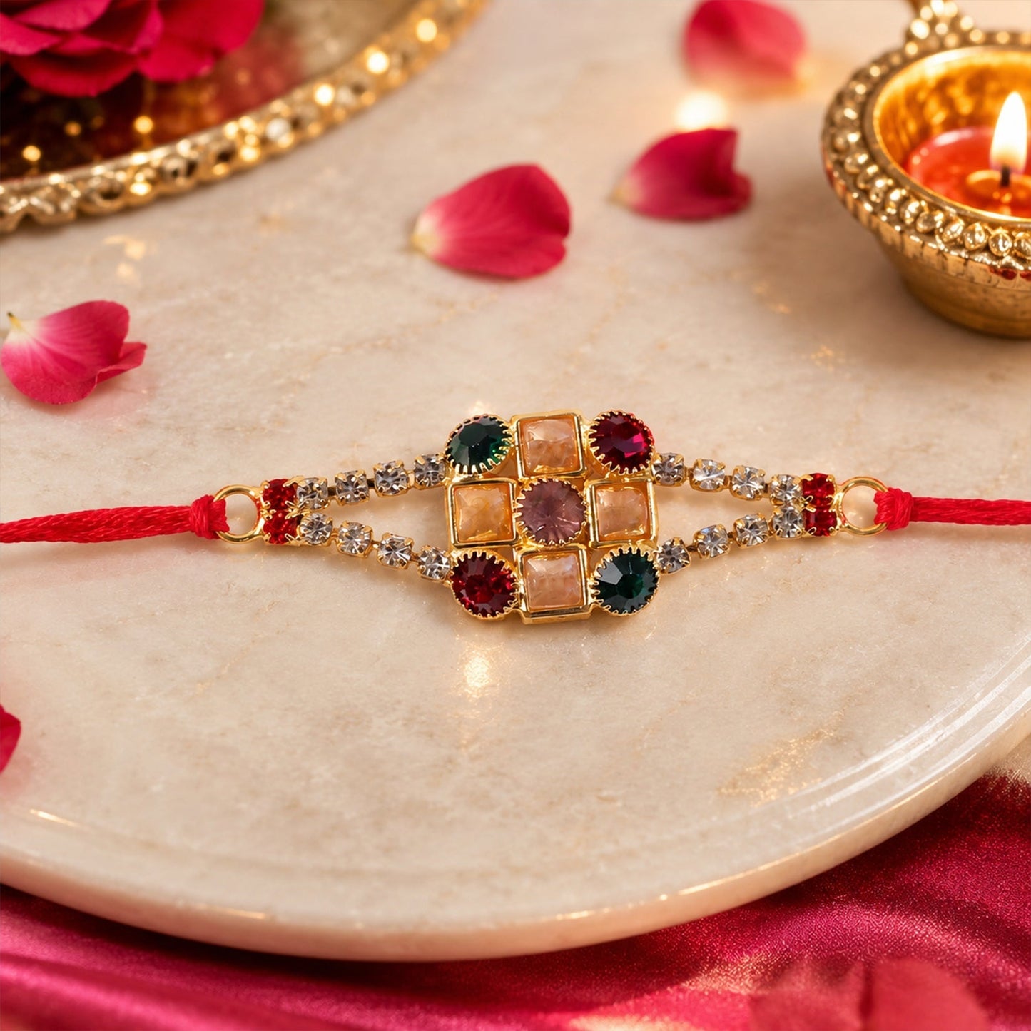 Decorative Kundan stone studded Rakhi with traditional design for Raksha Bandhan