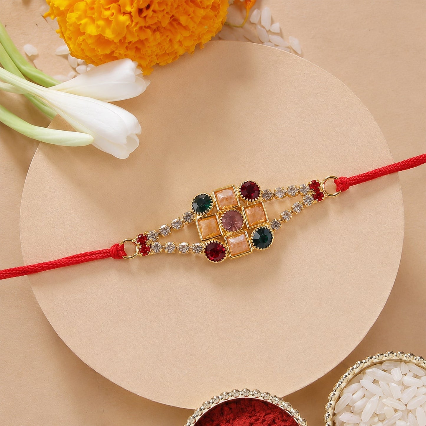 Beautiful colorful Rakhi with intricate detailing and festive appeal