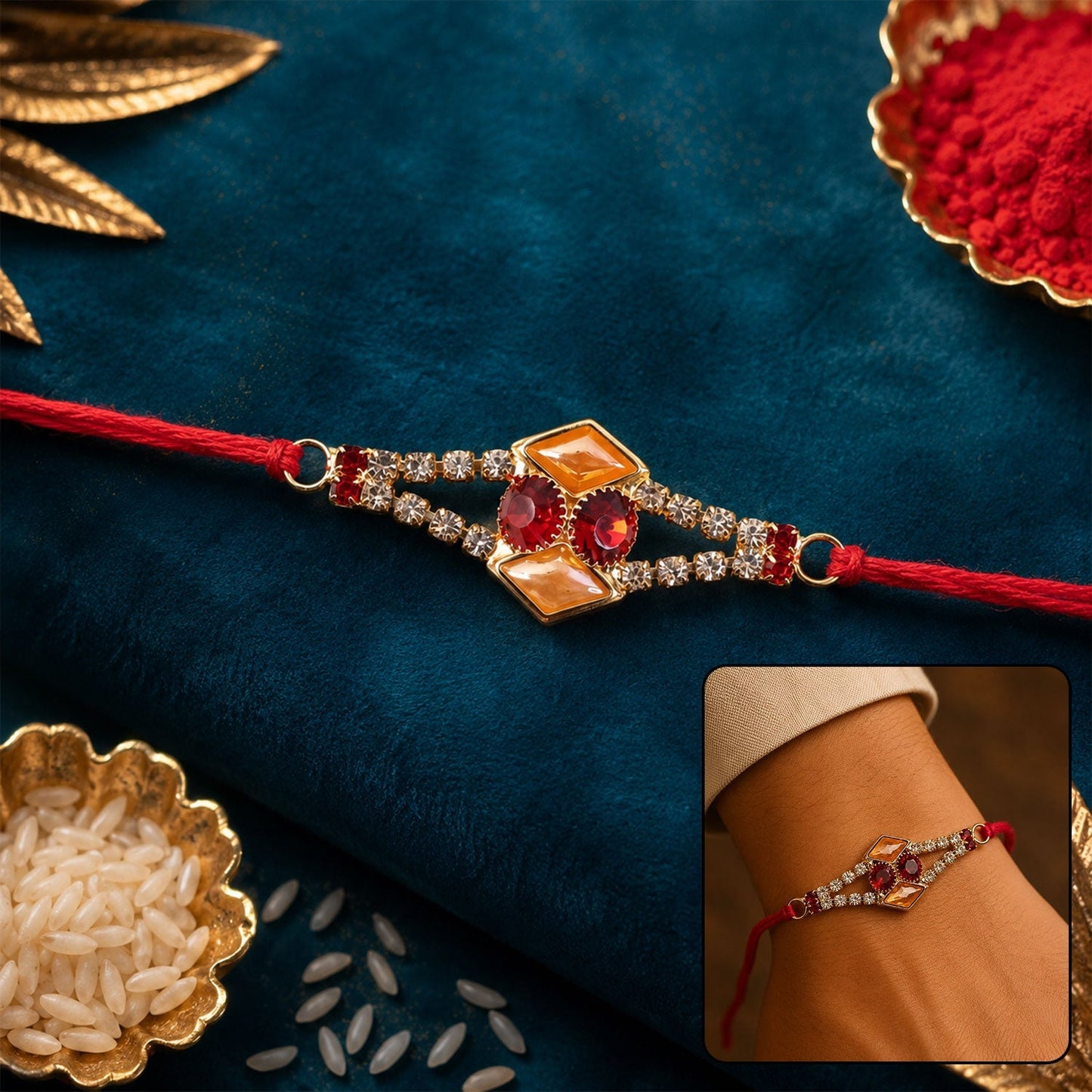 Elegant Kundan Rakhi with Topaz and American Diamonds on a festive background.
