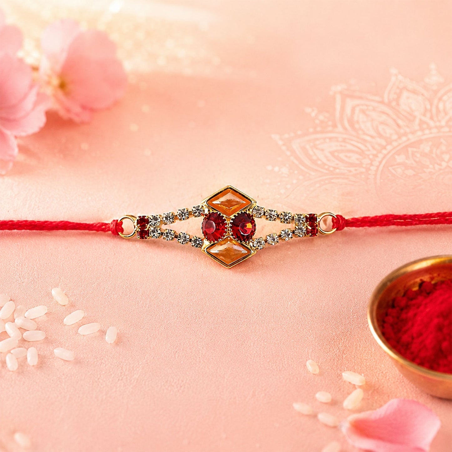 Close-up of Kundan Rakhi with American Diamonds and Topaz setting.