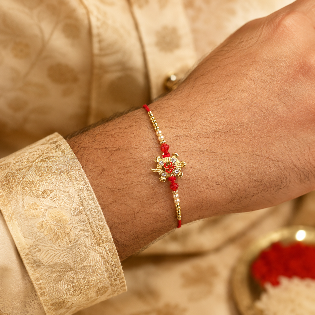 Close-up of red Meenakari Rakhi showing intricate design detail.