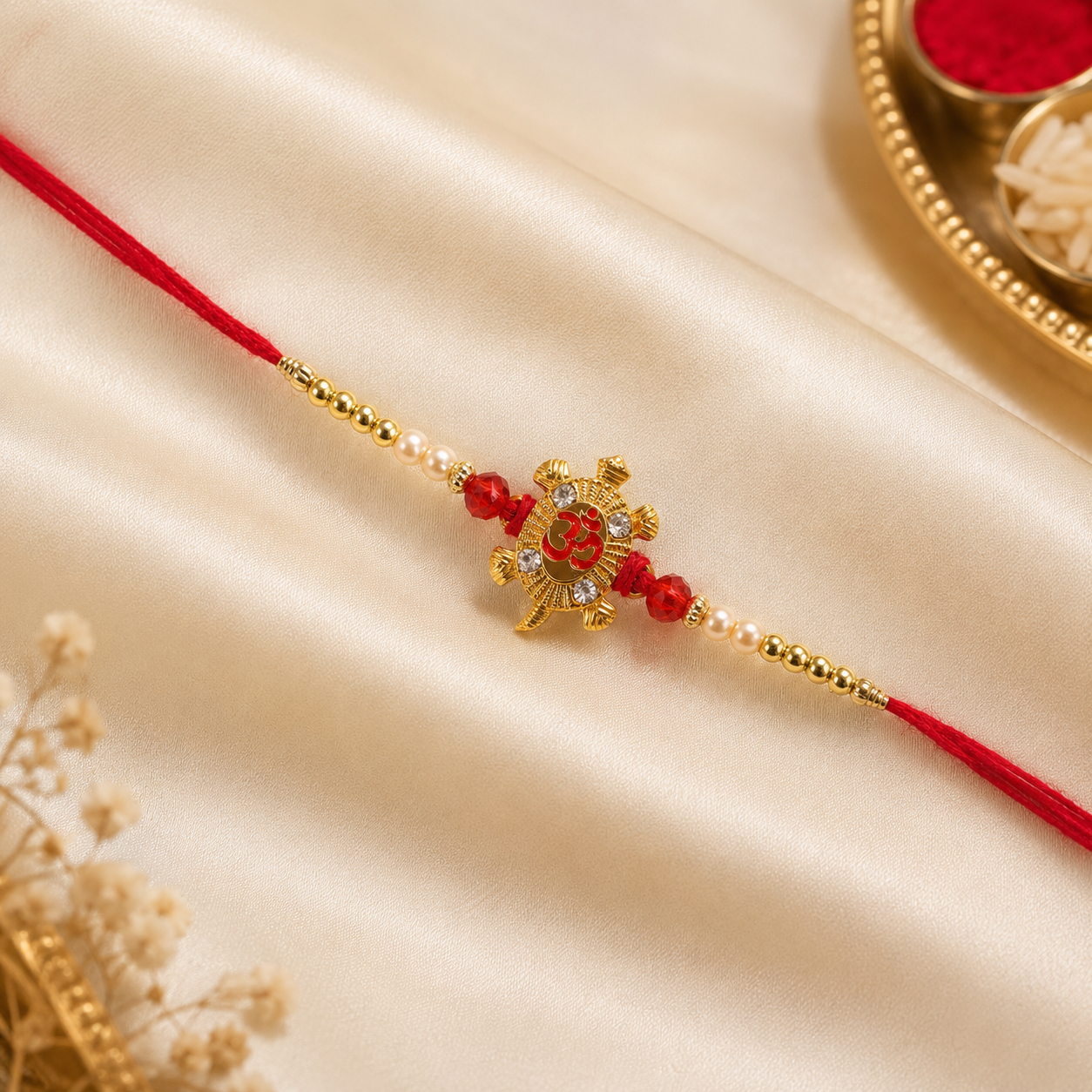 Side view of the Rakhi with American Diamond accents.