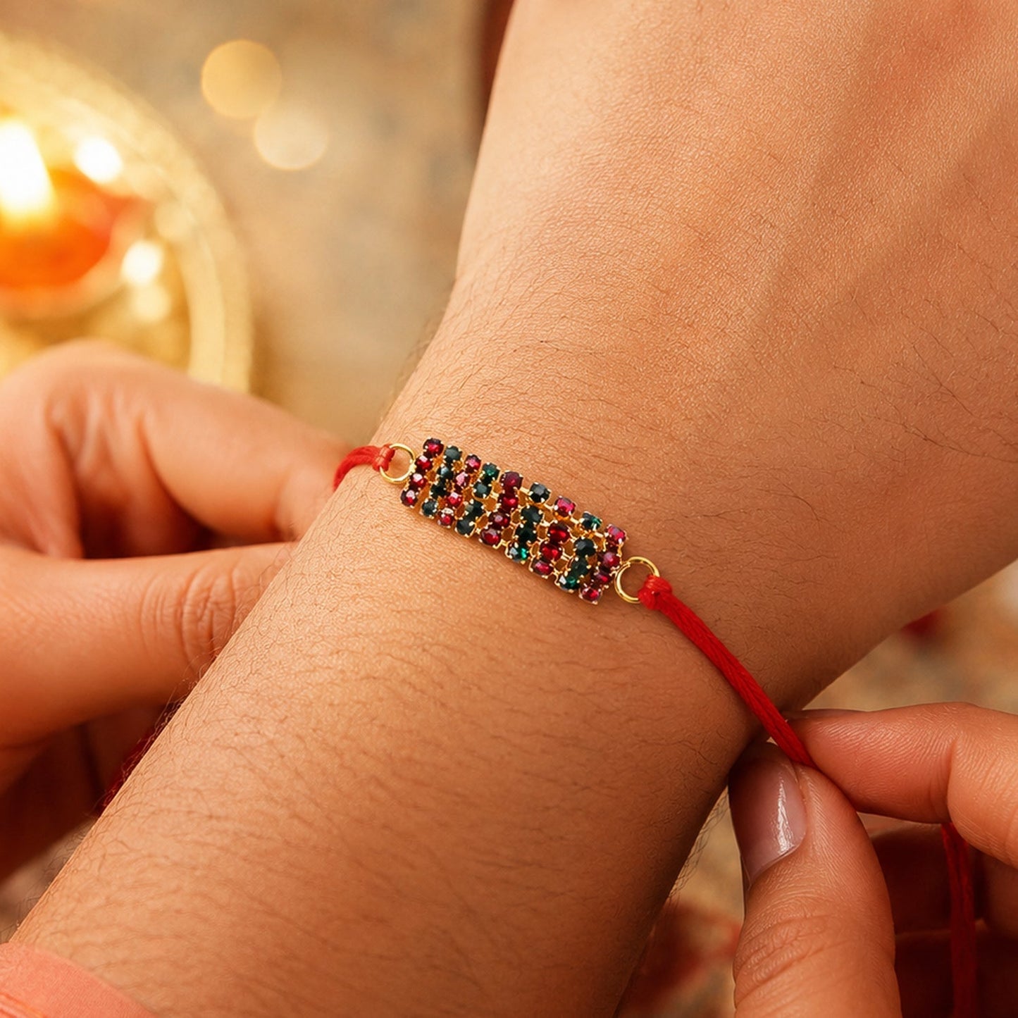 Beautifully crafted sparkling multicolour crystal bar rakhi with intricate beads