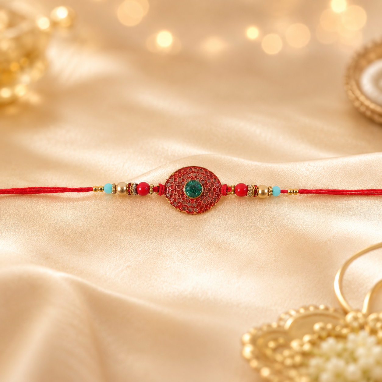 Traditional style Rakhi with attractive beaded center for siblings