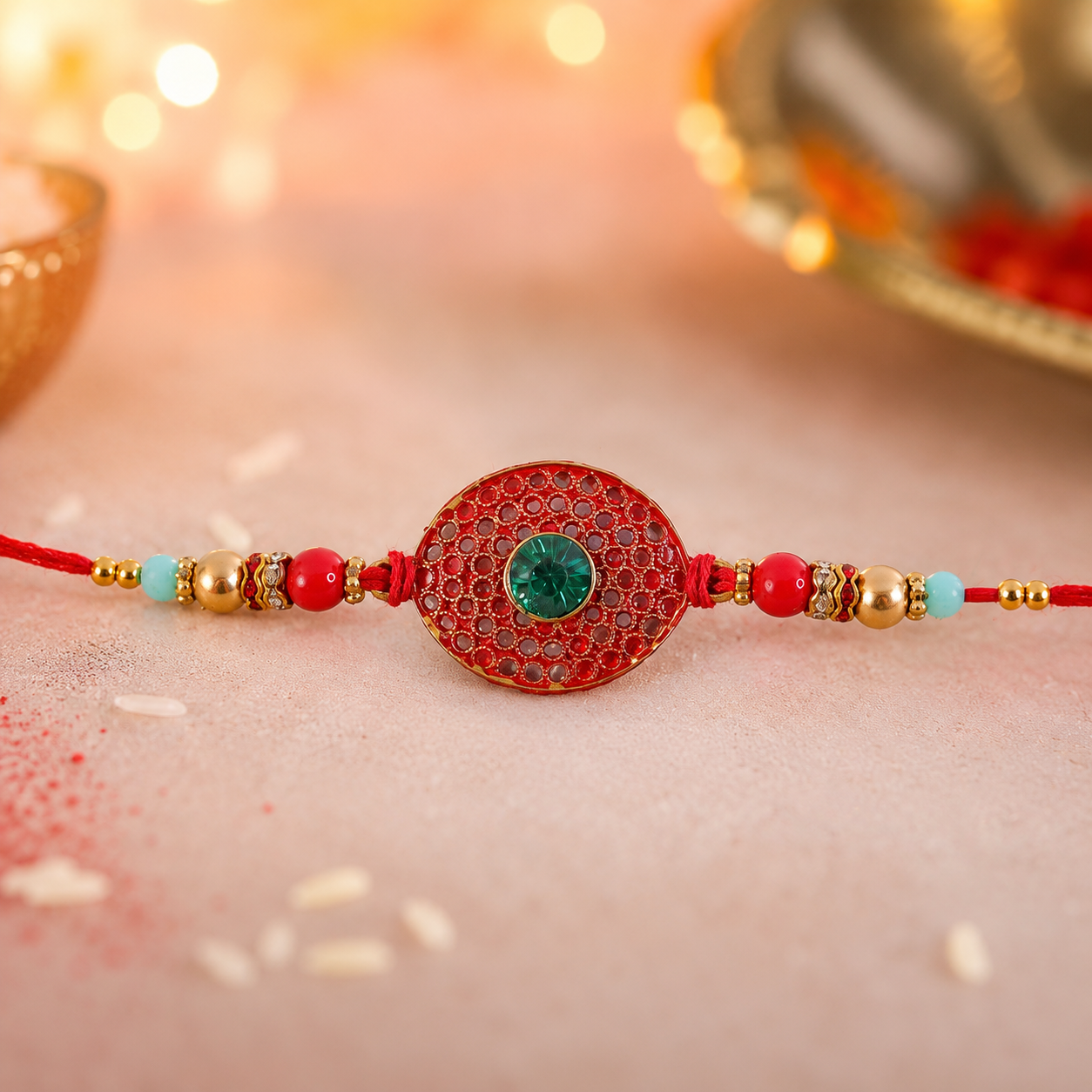 Bohemian Turquoise Red Beaded Disc Rakhi featuring attractive beads and traditional design