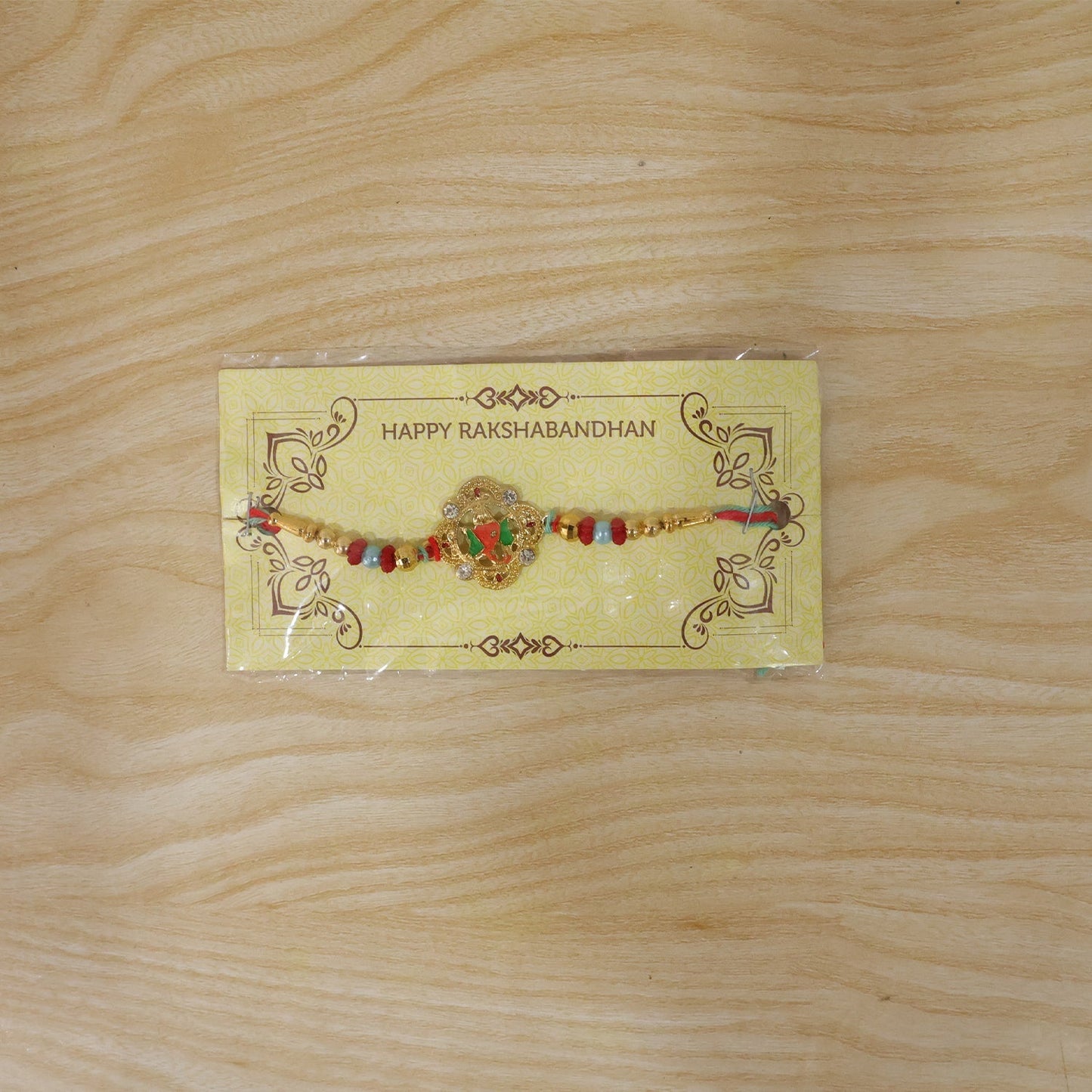 Detailed view of soft thread and secure fastening of rakhi.