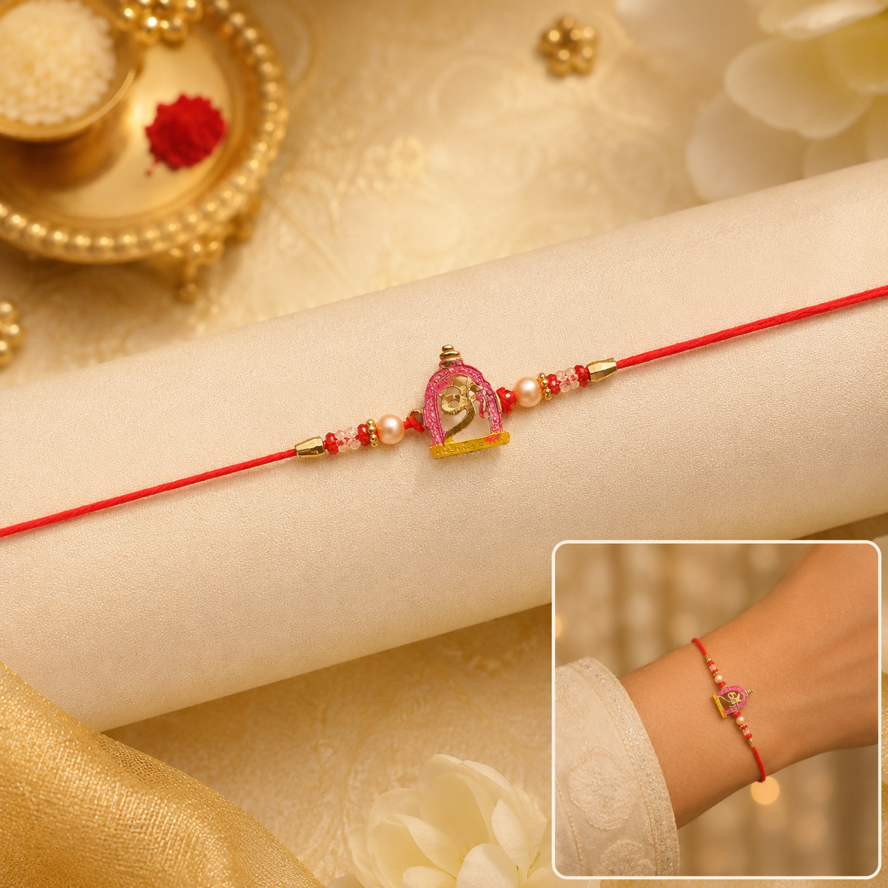 Elegant festive rakhi featuring a blend of traditional and modern design elements