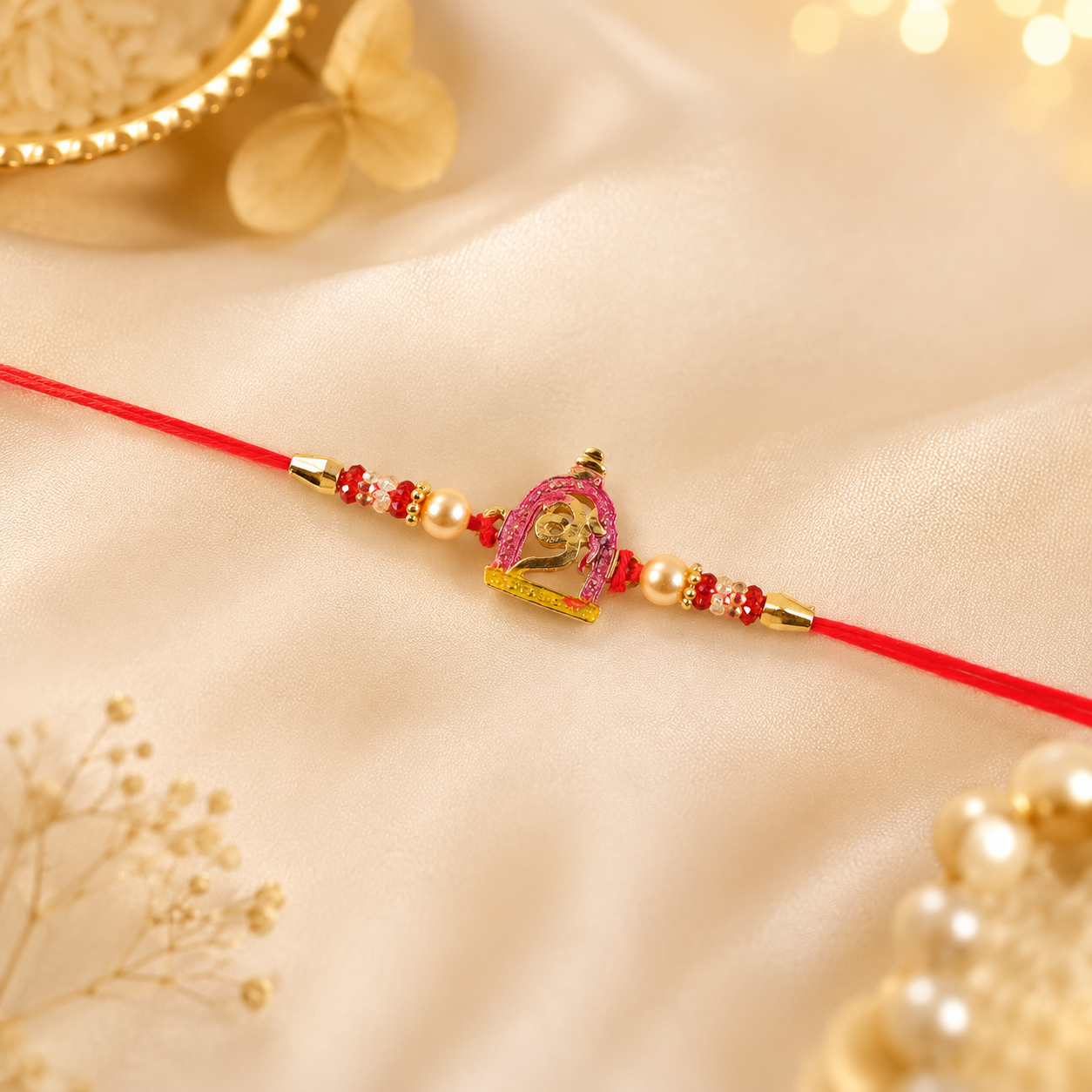 Decorative pink meenakari idol rakhi with pearl beads and traditional design