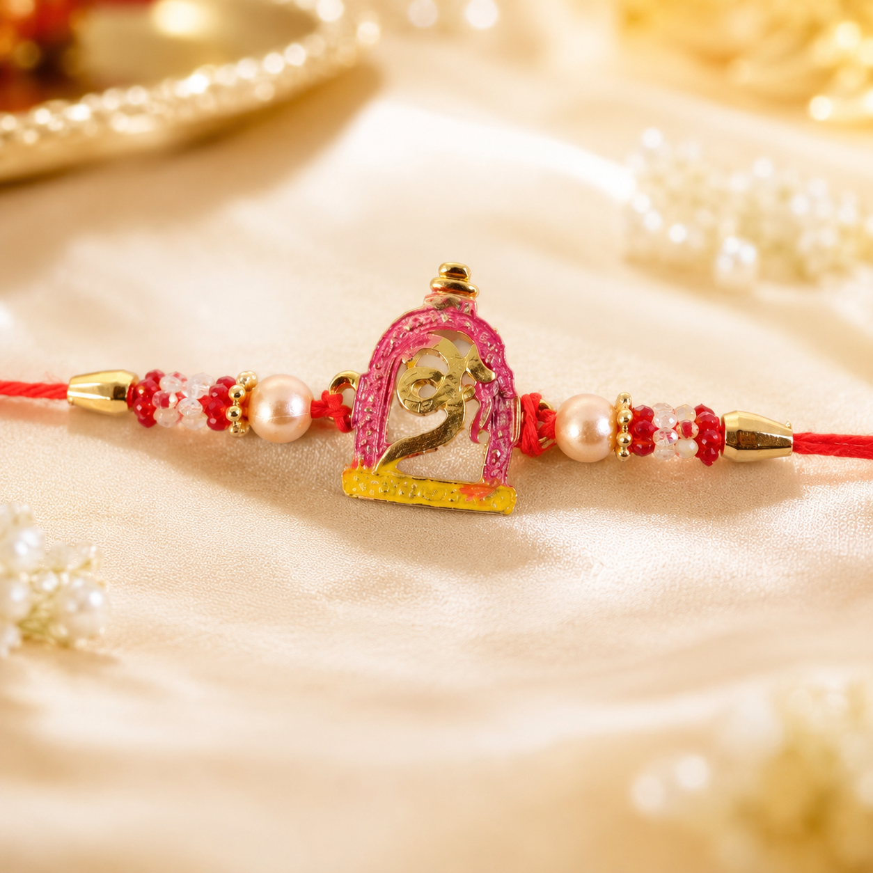 Stylish pink meenakari rakhi with intricate detailing and beads