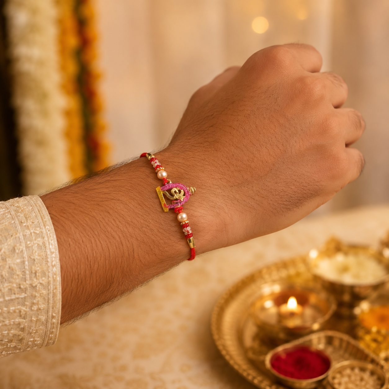 Close-up of decorated pink meenakari rakhi showcasing intricate craftsmanship