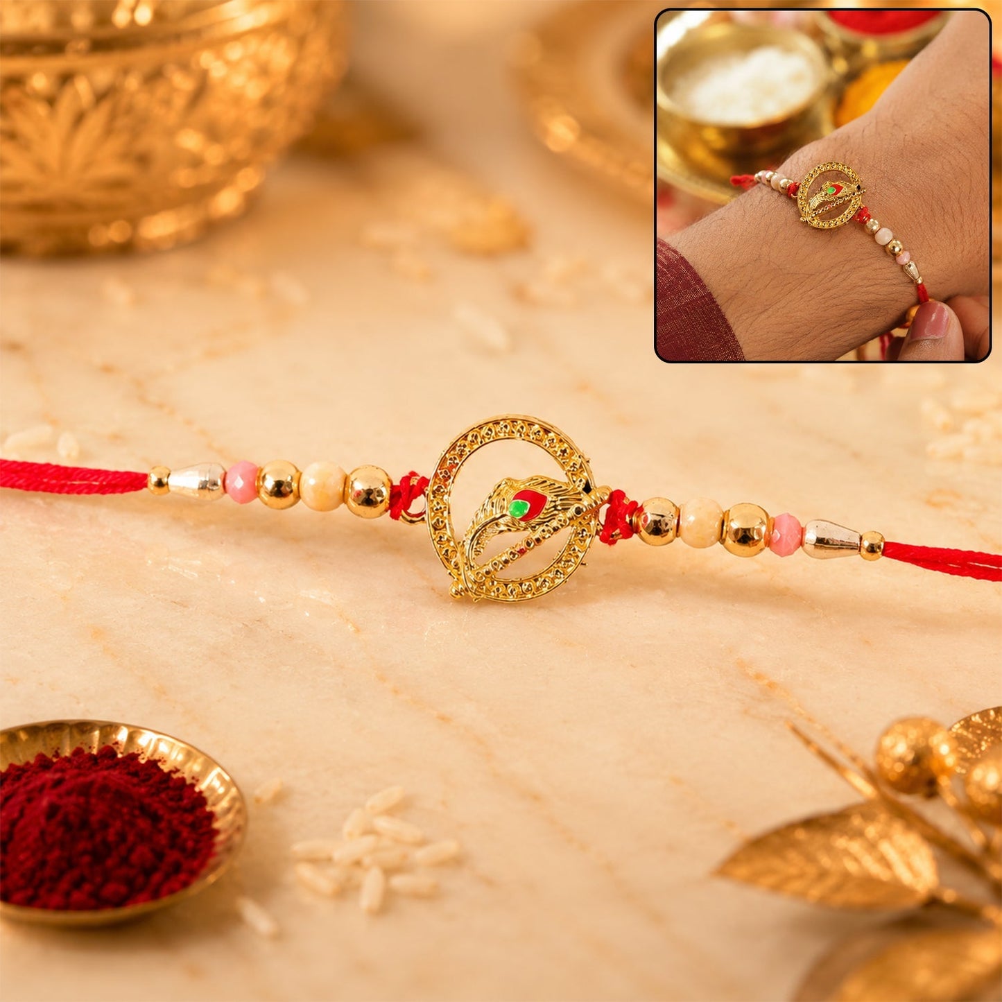 Beautiful golden peacock spiral beads rakhi with decorative beads for Raksha Bandhan