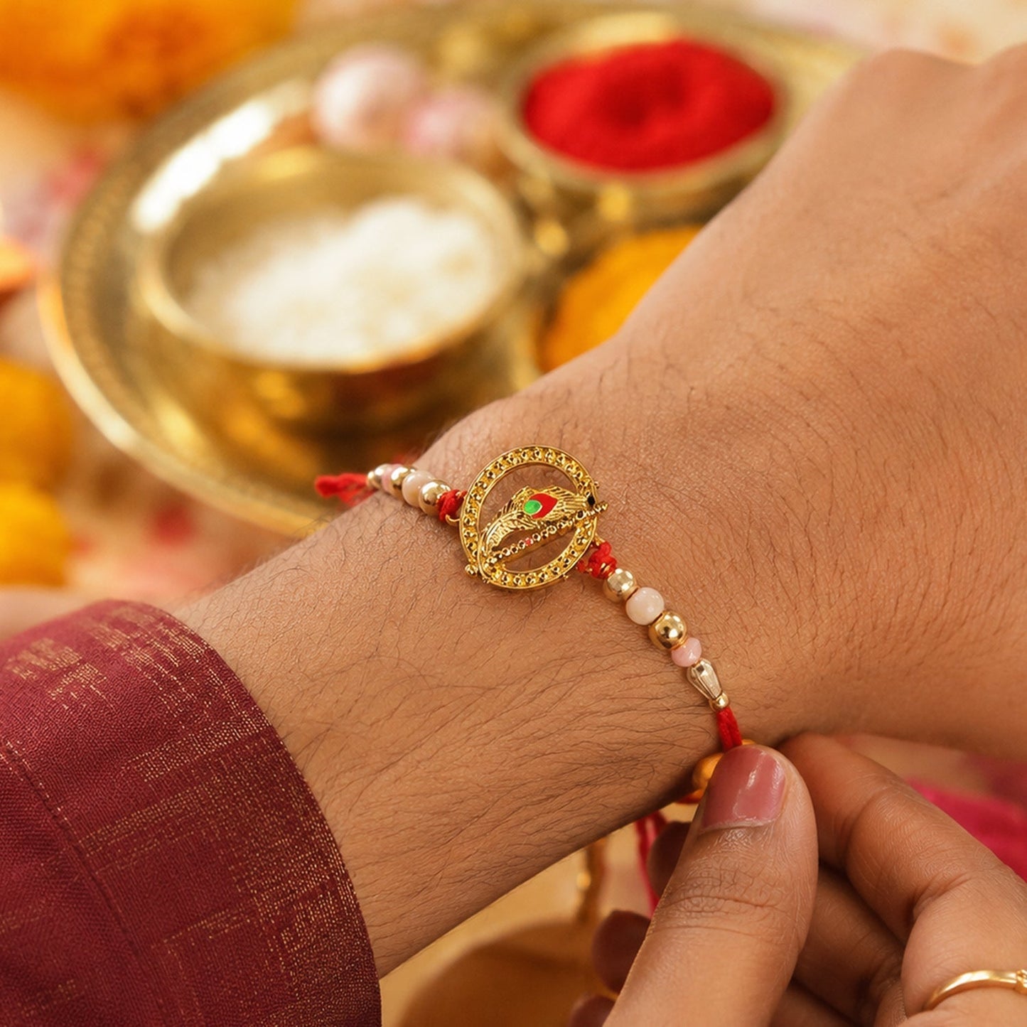 Stylish decorative beads and spiral design rakhi for Rakshabandhan celebration