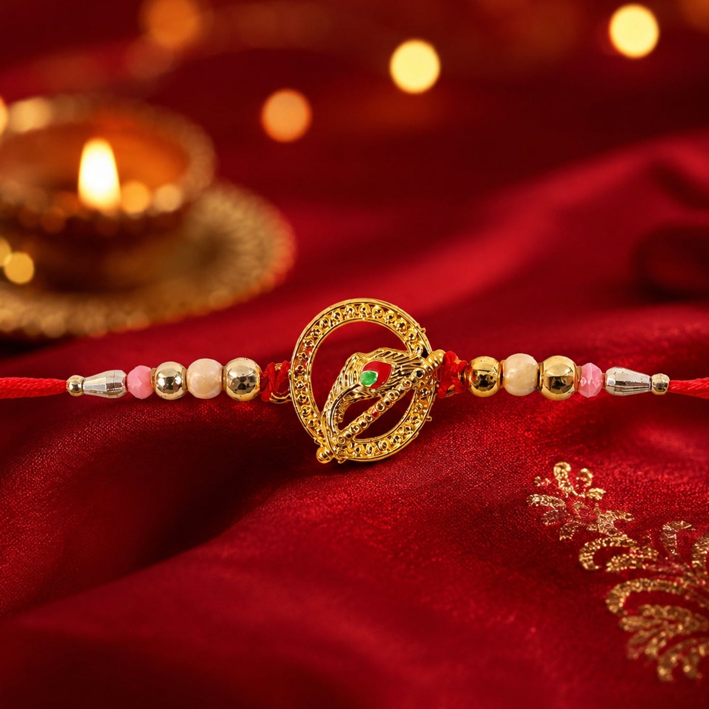 Elegant traditional peacock motif rakhi with beads and stylish look