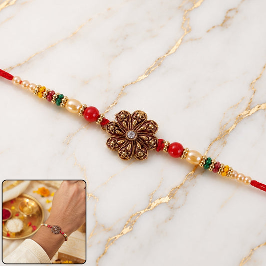 Antique oxidised floral rakhi featuring multicolour beads and intricate design