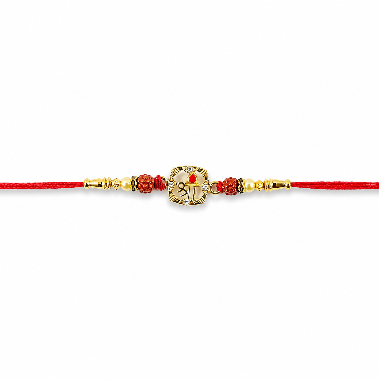 Rudraksha Rakhi with thread details against a simple background