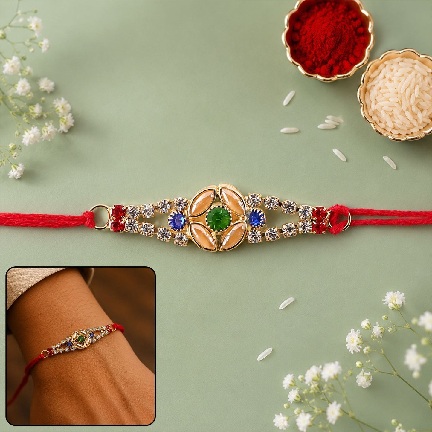 Blue & green Kundan floral rakhi with American Diamonds, front view