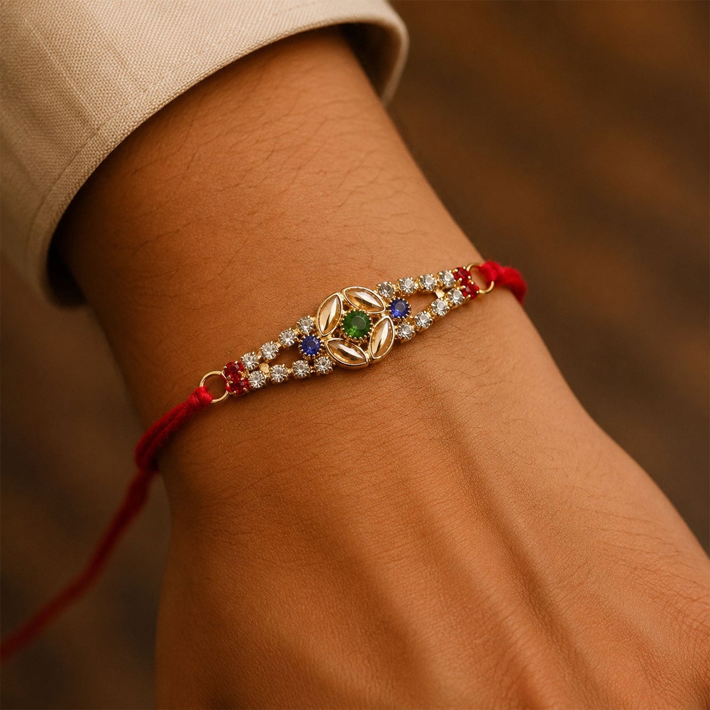 Close-up of the blue & green Kundan floral rakhi with American Diamonds