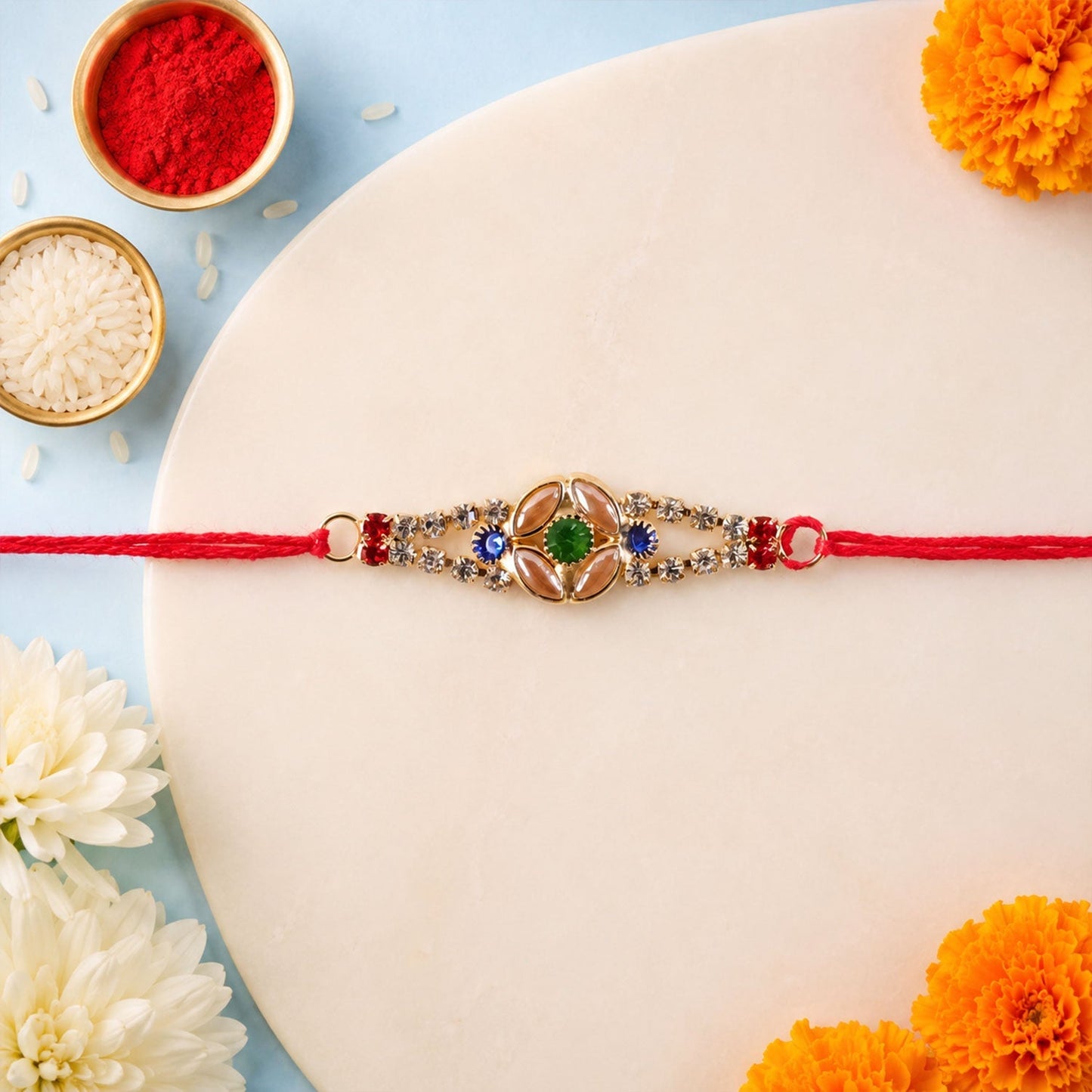 Kundan floral Rakhi worn on wrist, showing comfort and style