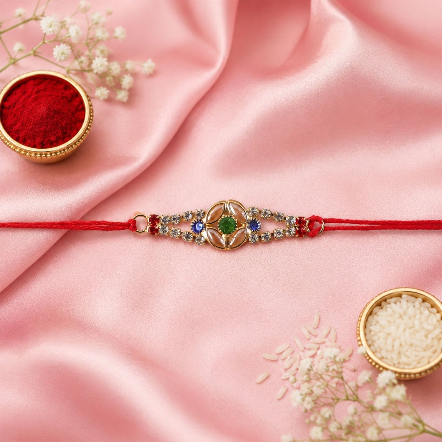 Side view of the Kundan Rakhi highlighting decorative beads