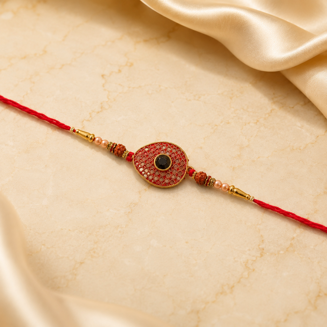 Attractive traditional Rakhi with intricate design and beaded embellishments