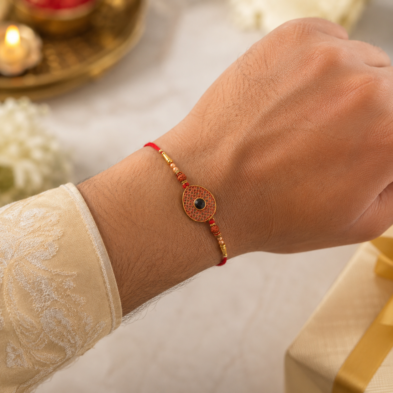 Close-up of traditional Rakhi with ornate design and beads
